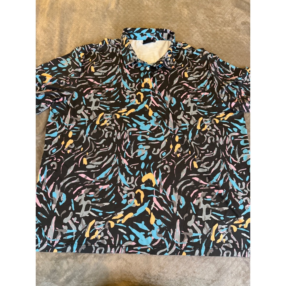 Mens Abstract Brushstroke Print Performance Polo Shirt Black Blue Yellow XXXL 4X